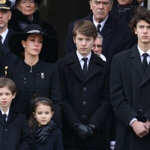 Le prince Joachim et la princesse Marie de Danemark avec leurs enfants Henrik, Athena, Felix et Nikolai lors des obsèques du prince Henrik de Danemark le 20 février 2018 en l'église du palais de Christiansborg à Copenhague.
