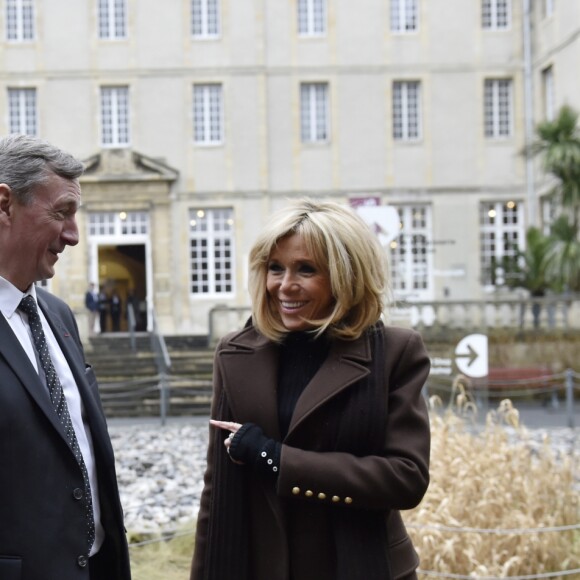 Exclusif - Le maire-adjoint Loïc Jamin, le maire Patrick Gomont - La première dame de France Brigitte Macron en visite privée au musée de la Tapisserie de Bayeux. Le 19 février 2018 © Stéphane Maurice / Ville de Bayeux / Bestimage