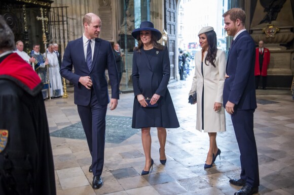 Le prince William, duc de Cambridge, la duchesse Catherine de Cambridge, enceinte, Meghan Markle et le prince Harry - La famille royale d'Angleterre lors de la cérémonie du Commonwealth en l'abbaye Westminster à Londres.