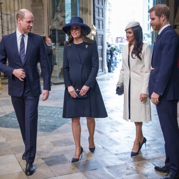 Le prince William, duc de Cambridge, la duchesse Catherine de Cambridge, enceinte, Meghan Markle et le prince Harry - La famille royale d'Angleterre lors de la cérémonie du Commonwealth en l'abbaye Westminster à Londres.