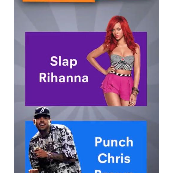 Pub Snapchat ayant provoqué un tollé sur les réseaux sociaux. Celle-ci demandait à ses utilisateurs s'ils préféraient "gifler" Rihanna ou "cogner" Chris Brown. En colère, Chris Brown (par le biais de son avocat) et Rihanna ont vivement réagi. "Honte à vous", a scandé la star barbadinenne sur Instagram le 15 mars 2018.