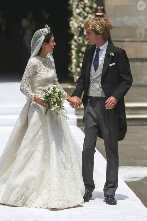 Alessandra de Osma portait une robe de mariée conçue par Jorge Vazquez le 16 mars 2018 lors de son mariage avec le prince Christian de Hanovre, à Lima au Pérou.
