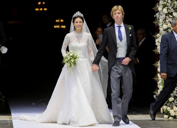 Alessandra de Osma portait une robe de mariée conçue par Jorge Vazquez le 16 mars 2018 lors de son mariage avec le prince Christian de Hanovre, à Lima au Pérou.