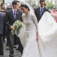  Alessandra de Osma portait une robe de mariée conçue par Jorge Vazquez le 16 mars 2018 lors de son mariage avec le prince Christian de Hanovre, à Lima au Pérou. 
