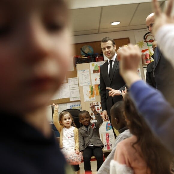 Jean-Michel Blanquer, ministre de l'éducation nationale - Le président Emmanuel Macron visite l'école maternelle Emelie à Paris le 27 mars 2018. © Christophe Ena / Pool / Bestimage