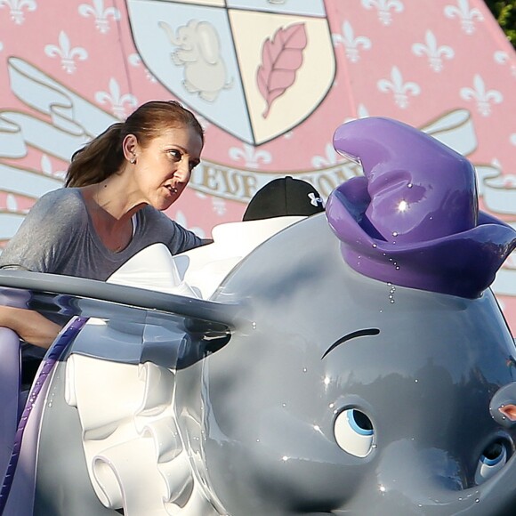 Exclusif - Céline Dion et ses fils Nelson et Eddy font des tours de manège au Disneyland d'Anaheim en Californie le 15 octobre 2015.