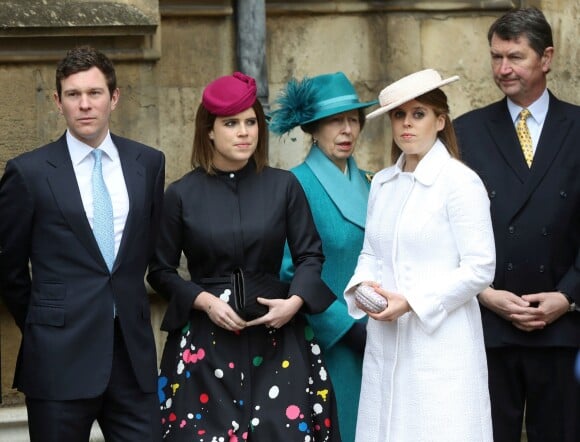 La princesse Eugenie et son fiancé Jack Brooksbanke, la princesse Anne, la princesse Beatrice, Timothy Laurence - La famille royale d'Angleterre célèbre le dimanche de Pâques dans la Chapelle Saint-Georges de Windsor le 31 mars 2018.