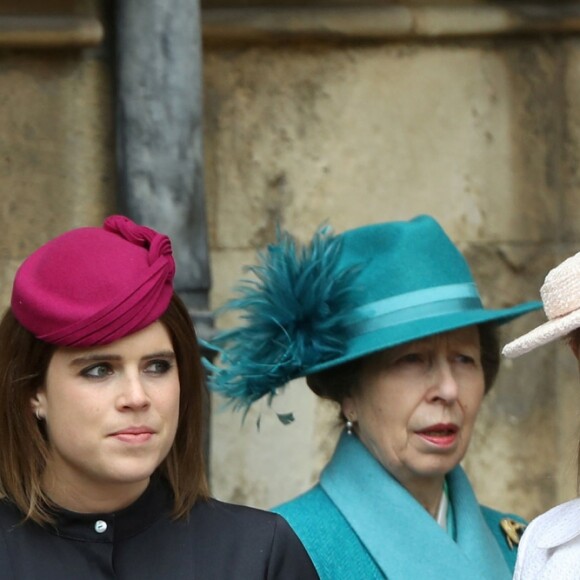 La princesse Eugenie et son fiancé Jack Brooksbanke, la princesse Anne, la princesse Beatrice, Timothy Laurence - La famille royale d'Angleterre célèbre le dimanche de Pâques dans la Chapelle Saint-Georges de Windsor le 31 mars 2018.