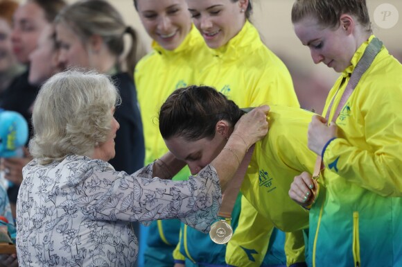 Camilla Parker Bowles, duchesse de Cornouailles, lors des finales de cyclisme aux Jeux du Commonwealth à Brisbane, en Australie, le 5 avril 2018.