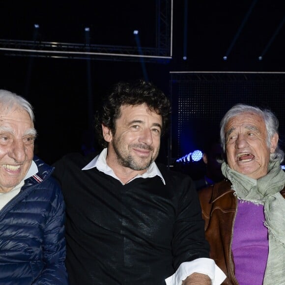 Patrick Bruel entouré de Charles Gérard et Jean-Paul Belmondo au match de boxe "La Conquête" Acte 4 Tony Yoka contre Cyril Léonet au Palais des sports de Paris le 7 avril 2018 (Victoire de Yoka par KO au 5e round) © Pierre Perusseau / Bestimage