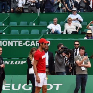 Novak Djokovic et son fils Stefan lors d'un tournoi caritatif au bénéfice de la fondation Prince Albert II en marge du tournoi de tennis Rolex Masters à Monte-Carlo le 14 avril 2018. L'événement sera retransmis sur l'émission "James Corden Tv Show" sur Sky UK. © Bruno Bebert / Bestimage