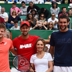 Geri Halliwell (Horner), Novak Djokovic, Jamie Redknapp,Josh Widdicombe, Freddie Flintoof lors d'un tournoi caritatif au bénéfice de la fondation Prince Albert II en marge du tournoi de tennis Rolex Masters à Monte-Carlo le 14 avril 2018. L'événement sera retransmis sur l'émission "James Corden Tv Show" sur Sky UK. © Bruno Bebert / Bestimage