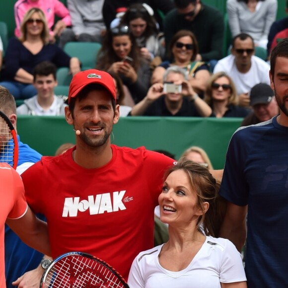 Geri Halliwell (Horner), Novak Djokovic, Jamie Redknapp, Josh Widdicombe, Freddie Flintoof lors d'un tournoi caritatif au bénéfice de la fondation Prince Albert II en marge du tournoi de tennis Rolex Masters à Monte-Carlo le 14 avril 2018. L'événement sera retransmis sur l'émission "James Corden Tv Show" sur Sky UK. © Bruno Bebert / Bestimage