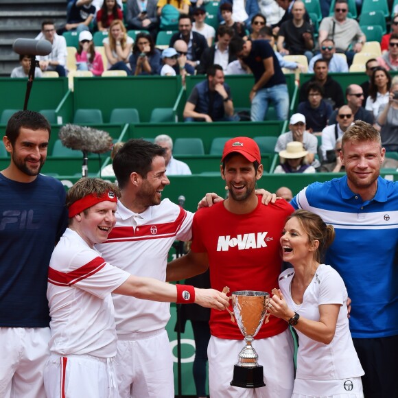Josh Widdicombe, Jamie Redknapp, Novak Djokovic, Geri Halliwell (Horner), Freddie Flintoof lors d'un tournoi caritatif au bénéfice de la fondation Prince Albert II en marge du tournoi de tennis Rolex Masters à Monte-Carlo le 14 avril 2018. L'événement sera retransmis sur l'émission "James Corden Tv Show" sur Sky UK. © Bruno Bebert / Bestimage