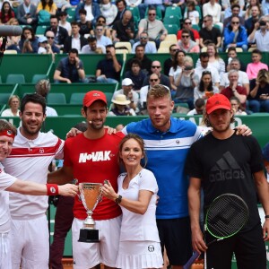 Josh Widdicombe, Jamie Redknapp, Novak Djokovic, Geri Halliwell (Horner), Freddie Flintoof lors d'un tournoi caritatif au bénéfice de la fondation Prince Albert II en marge du tournoi de tennis Rolex Masters à Monte-Carlo le 14 avril 2018. L'événement sera retransmis sur l'émission "James Corden Tv Show" sur Sky UK. © Bruno Bebert / Bestimage