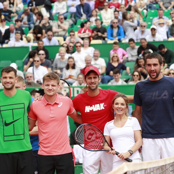 Josh Widdicombe, Novak Djokovic, Geri Halliwell (Horner) , Freddie Flintoof, Jamie Redknapp lors d'un tournoi caritatif au bénéfice de la fondation Prince Albert II en marge du tournoi de tennis Rolex Masters à Monte-Carlo le 14 avril 2018. L'événement sera retransmis sur l'émission "James Corden Tv Show" sur Sky UK. © Claudia Albuquerque / Bestimage