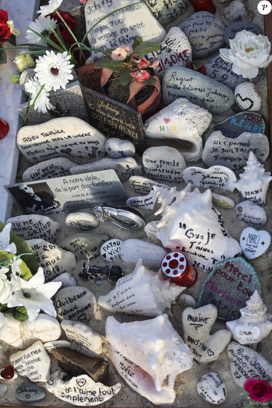 Illustrations De La Tombe De Johnny Hallyday Au Cimetiere Marin De Lorient A Saint Barthelemy Le 14 Avril 2018 Elle Est Toujours Aussi Fleurie Et Recouverte De Purepeople