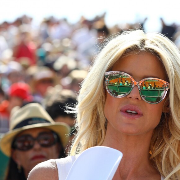 Victoria Silvstedt dans les tribunes du Rolex Monte-Carlo Masters 2018 à Roquebrune Cap Martin, France, le 21 avril 2018.