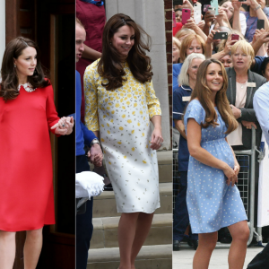 La duchesse Catherine de Cambridge (Kate Middleton) à la sortie de la maternité de l'hôpital St Mary à Londres, de gauche à droite : après la naissance de son troisième enfant le 23 avril 2018, après la naissance de la princesse Charlotte le 2 mai 2015, après la naissance du prince George le 23 juillet 2013. A chaque fois, habillée d'une robe Jenny Packham.