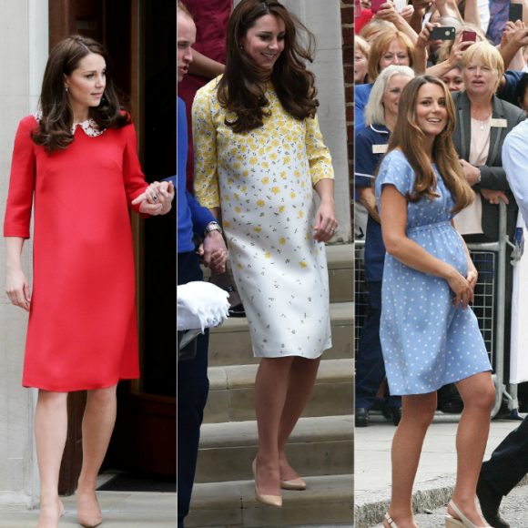 La duchesse Catherine de Cambridge (Kate Middleton) à la sortie de la maternité de l'hôpital St Mary à Londres, de gauche à droite : après la naissance de son troisième enfant le 23 avril 2018, après la naissance de la princesse Charlotte le 2 mai 2015, après la naissance du prince George le 23 juillet 2013. A chaque fois, habillée d'une robe Jenny Packham.