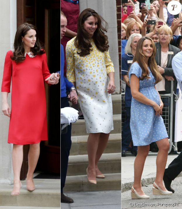 La duchesse Catherine de Cambridge (Kate Middleton) à la sortie de la maternité de l'hôpital St Mary à Londres, de gauche à droite : après la naissance de son troisième enfant le 23 avril 2018, après la naissance de la princesse Charlotte le 2 mai 2015, après la naissance du prince George le 23 juillet 2013. A chaque fois, habillée d'une robe Jenny Packham.