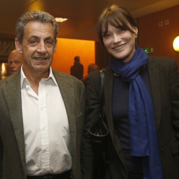 Exclusif - Valéry-Anne Giscard d'Estaing, son mari l'éditeur Bernard Fixot, Nicolas Sarkozy, sa femme Carla Bruni Sarkozy - Julien Clerc en concert sur la scène de l'Olympia dans le cadre de sa "Tournée des 50 ans". Paris, le 11 Mars 2018. © Alain Guizard / Bestimage