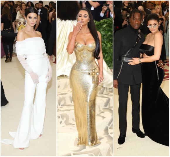 Kylie Jenner, Travis Scott, Kim Kardashian et Kendall Jenner à l'ouverture de l'exposition "Corps célestes : Mode et imagerie catholique" pour le Met Gala à New York, le 7 mai 2018.