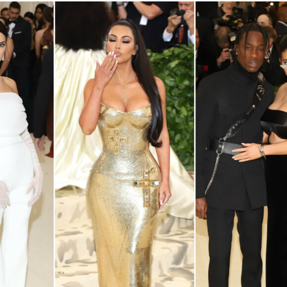 Kylie Jenner, Travis Scott, Kim Kardashian et Kendall Jenner à l'ouverture de l'exposition "Corps célestes : Mode et imagerie catholique" pour le Met Gala à New York, le 7 mai 2018.