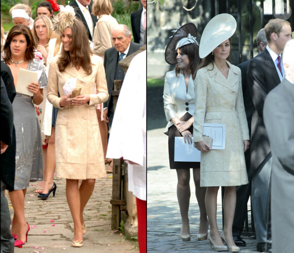 En 2006 (gauche) et 2011 (droite), Kate Middleton a porté la même tenue de la maison Day Birger et Mikkelsen pour les mariages de Laura Parker Bowles et Zara Phillips.
