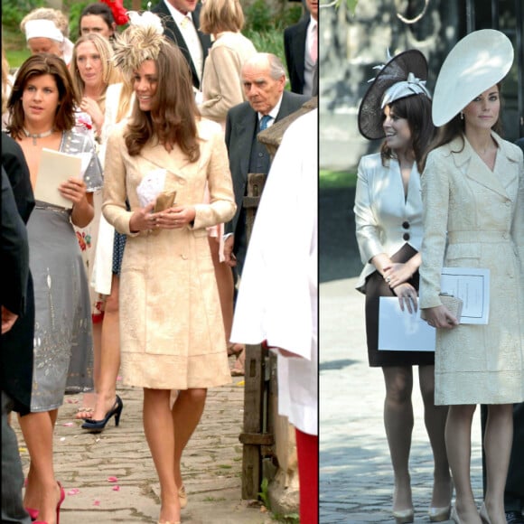 En 2006 (gauche) et 2011 (droite), Kate Middleton a porté la même tenue de la maison Day Birger et Mikkelsen pour les mariages de Laura Parker Bowles et Zara Phillips.