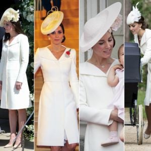 Kate Middleton aime recycler ses tenues. Entre juillet 2015 et mai 2018, date du mariage du prince Harry et Meghan Markle, la duchesse de Cambridge a porté cette robe manteau de la maison Alexander McQueen pas moins de quatre fois.