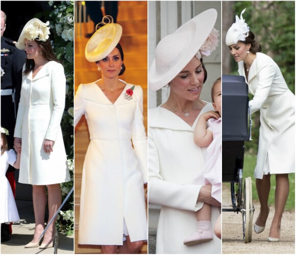 Kate Middleton aime recycler ses tenues. Entre juillet 2015 et mai 2018, date du mariage du prince Harry et Meghan Markle, la duchesse de Cambridge a porté cette robe manteau de la maison Alexander McQueen pas moins de quatre fois.