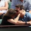 Flavie Flament et son compagnon Vladimir regardent le match entre R.Nadal et R. Gasquet ainsi que son ex mari Benjamin Castaldi avec sa femme Aurore Aleman dans les tribunes des Internationaux de France de Tennis de Roland-Garros à Paris le 2 juin 2018.