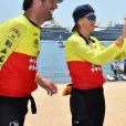 Mark Webber, la princesse Charlene de Monaco, Allison Curbishley lors du Water Bike Challenge, au profit de la Fondation princesse Charlene de Monaco au départ du Yacht Club de Monaco le 17 juin 2018. © Bruno Bebert / Bestimage