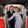 Exclusif - Christian Estrosi et sa femme Laura Tenoudji à bord de la premère rame de la ligne 2 Ouest Est du tramway sur le tronçon aérien entre le CADAM et Magnan à Nice 30 juin 2018. © Bruno Bebert/Bestimage