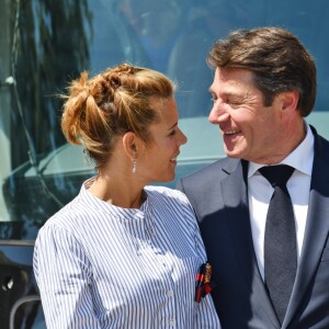 Exclusif - Christian Estrosi et sa femme Laura Tenoudji durant l'inauguration de la ligne 2 Ouest Est du tramway sur le tronçon aérien entre le CADAM et Magnan à Nice 30 juin 2018. © Bruno Bebert/Bestimage