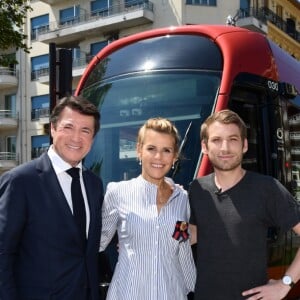 Exclusif - Christian Estrosi, sa femme Laura Tenoudji et Ora Ito durant l'inauguration de la ligne 2 Ouest Est du tramway sur le tronçon aérien entre le CADAM et Magnan à Nice 30 juin 2018.© Bruno Bebert/Bestimage