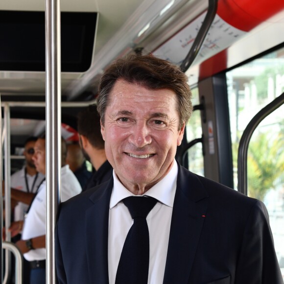 Exclusif - Christian Estrosi, le maire de Nice, durant l'inauguration de la ligne 2 Ouest Est du tramway sur le tronçon aérien entre le CADAM et Magnan à Nice 30 juin 2018. Ce tramway est le premier au monde à utiliser un système innovant de recharge ponctuelle en station permettant une autonomie totale entre les stations aèriennes. Le SRS est un système de recharge statique par le sol mis au point par Alstom. Un tramway plus propre, plus performant avec un design signé par le niçois Ora Ito. Cet été, de 7h à 21h et jusqu'au 2 septembre les 7kms mis en service seront gratuits pour les usagers, d'ici septembre 2019 la partie souterraine sera terminée et les passagers pourront rejoindre l'aéroport en partant du port en 26 minutes.30/06/2018 - Nice