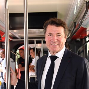 Exclusif - Christian Estrosi, le maire de Nice, durant l'inauguration de la ligne 2 Ouest Est du tramway sur le tronçon aérien entre le CADAM et Magnan à Nice 30 juin 2018. Ce tramway est le premier au monde à utiliser un système innovant de recharge ponctuelle en station permettant une autonomie totale entre les stations aèriennes. Le SRS est un système de recharge statique par le sol mis au point par Alstom. Un tramway plus propre, plus performant avec un design signé par le niçois Ora Ito. Cet été, de 7h à 21h et jusqu'au 2 septembre les 7kms mis en service seront gratuits pour les usagers, d'ici septembre 2019 la partie souterraine sera terminée et les passagers pourront rejoindre l'aéroport en partant du port en 26 minutes.30/06/2018 - Nice