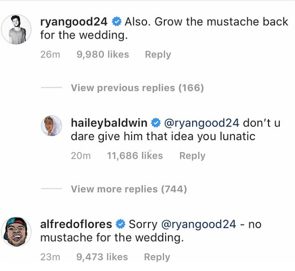 Hailey Baldwin dit "non" à la moustache sur l'Instagram de son fiancé Justin Bieber.