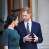 Le prince Harry, duc de Sussex, et sa femme Meghan Markle, duchesse de Sussex lors d'un entretien avec Leo Varadkar (Taoiseach) au "Government Buildings" lors de leur visite à Dublin, le 10 juillet 2018.