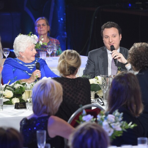 Exclusif - Claude Chirac, Michèle Laroque, Line Renaud et Martin Rey-Chirac - Enregistrement de l'émission "Bon anniversaire Line" à l'occasion des 90 ans de Line Renaud au Théâtre Bobino à Paris, le 25 juin 2018. L'émission, présentée par Stéphane Bern, est diffusée mardi 3 juillet 2018 à 20h55 sur France 2. © Coadic Guirec / Bestimage