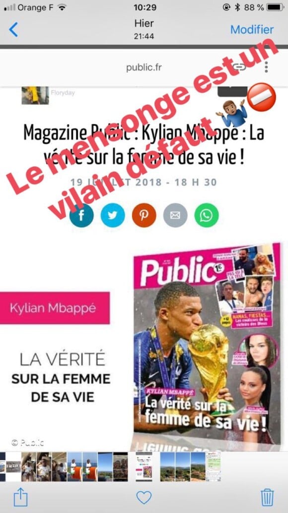 Kylian Mbappé réagit aux rumeurs de couple avec Camille Gottlieb sur Instagram le 20 juillet 2018.