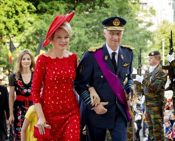 Le roi Philippe et la reine Mathilde de Belgique et leurs enfants la Princesse Elisabeth, le Prince Gabriel , le Prince Emmanuel et la Princesse Eléonore se rendent à la messe à l'occasion de la fête nationale Belge à Bruxelles le 21 juillet 2018