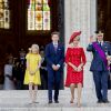 Le roi Philippe et la reine Mathilde de Belgique et leurs enfants la Princesse Elisabeth, le Prince Gabriel , le Prince Emmanuel et la Princesse Eléonore se rendent à la messe à l'occasion de la fête nationale Belge à Bruxelles le 21 juillet 2018