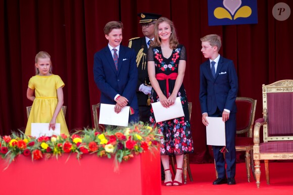 La princesse Eléonore, le prince Gabriel, la princesse Elisabeth et le prince Emmanuel de Belgique assistent au défilé militaire, à Bruxelles, à l'occasion de la fête Nationale belge. Belgique, Bruxelles, 21 juillet 2018.