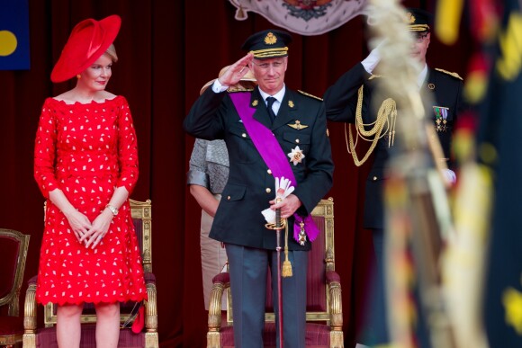 Le Roi Philippe de Belgique, la Reine Mathilde de Belgique assistent au défilé militaire, à Bruxelles, à l'occasion de la fête Nationale belge. Belgique, Bruxelles, 21 juillet 2018.
