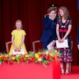 La princesse Eléonore, le prince Gabriel, la princesse Elisabeth et le prince Emmanuel de Belgique assistent au défilé militaire, à Bruxelles, à l'occasion de la fête Nationale belge. Belgique, Bruxelles, 21 juillet 2018.