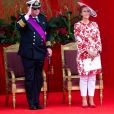 Le prince Laurent de Belgique et la princesse Claire de Belgique assistent au défilé militaire, à Bruxelles, à l'occasion de la fête Nationale belge. Belgique, Bruxelles, 21 juillet 2018.