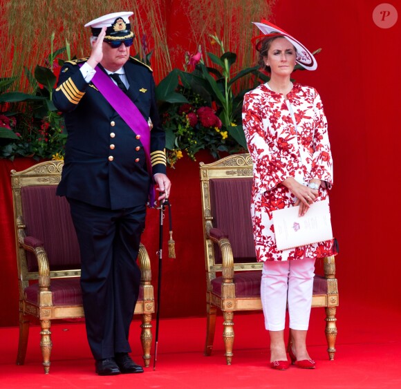 Le prince Laurent de Belgique et la princesse Claire de Belgique assistent au défilé militaire, à Bruxelles, à l'occasion de la fête Nationale belge. Belgique, Bruxelles, 21 juillet 2018.